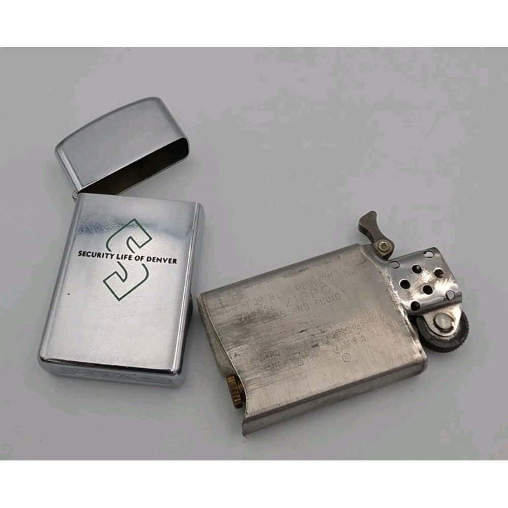 Vintage Security Life of Denver Slim Zippo Lighter Silver Chrome Made in USA